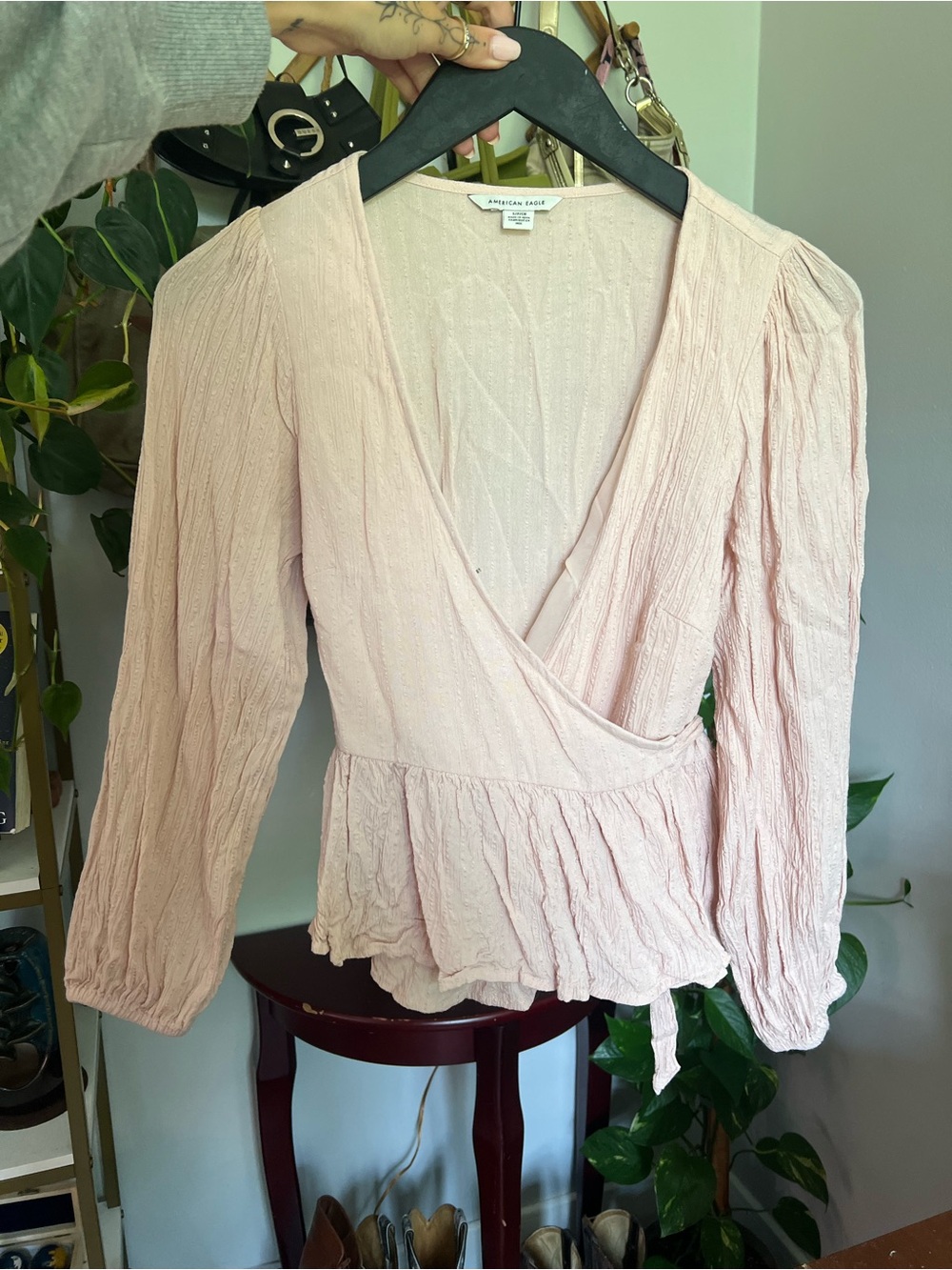 American Eagle Outfitters Soft Blush Pink Wrap Peplum Blouse